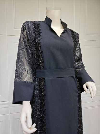 Colorblock Mesh Embroidered Beaded Muslim Dress