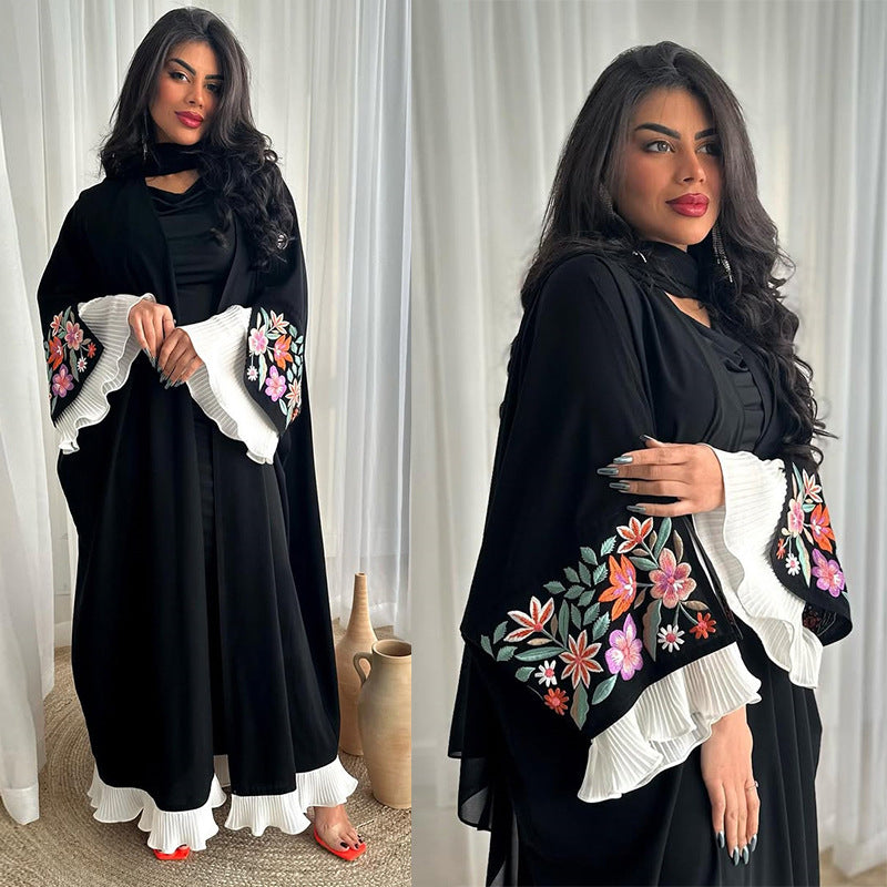 Embroidered Abaya with Pleated Hem and Floral Sleeve Detail