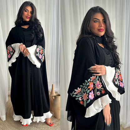 Embroidered Abaya with Pleated Hem and Floral Sleeve Detail