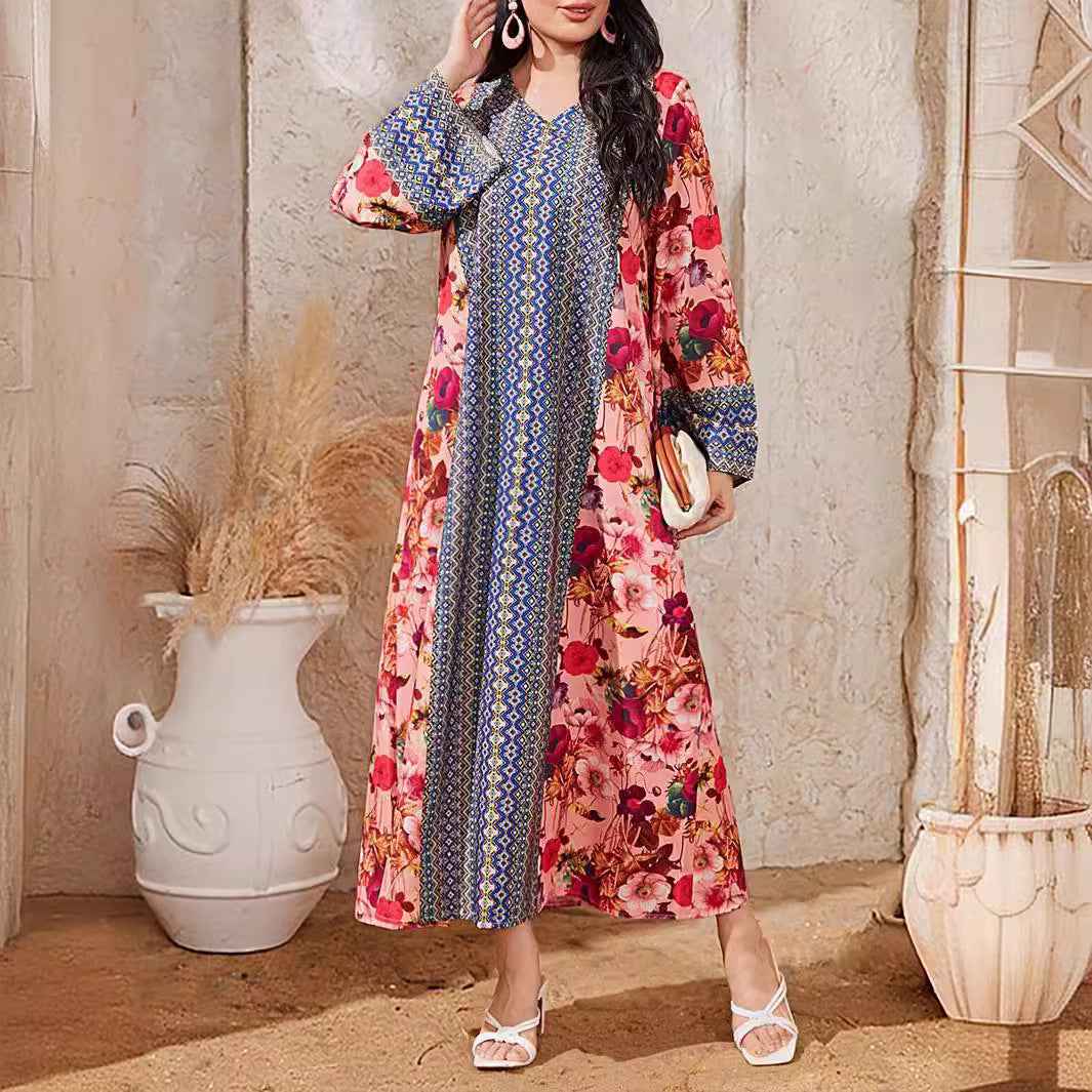 Women's Printed Color-block Flared Sleeve Dress