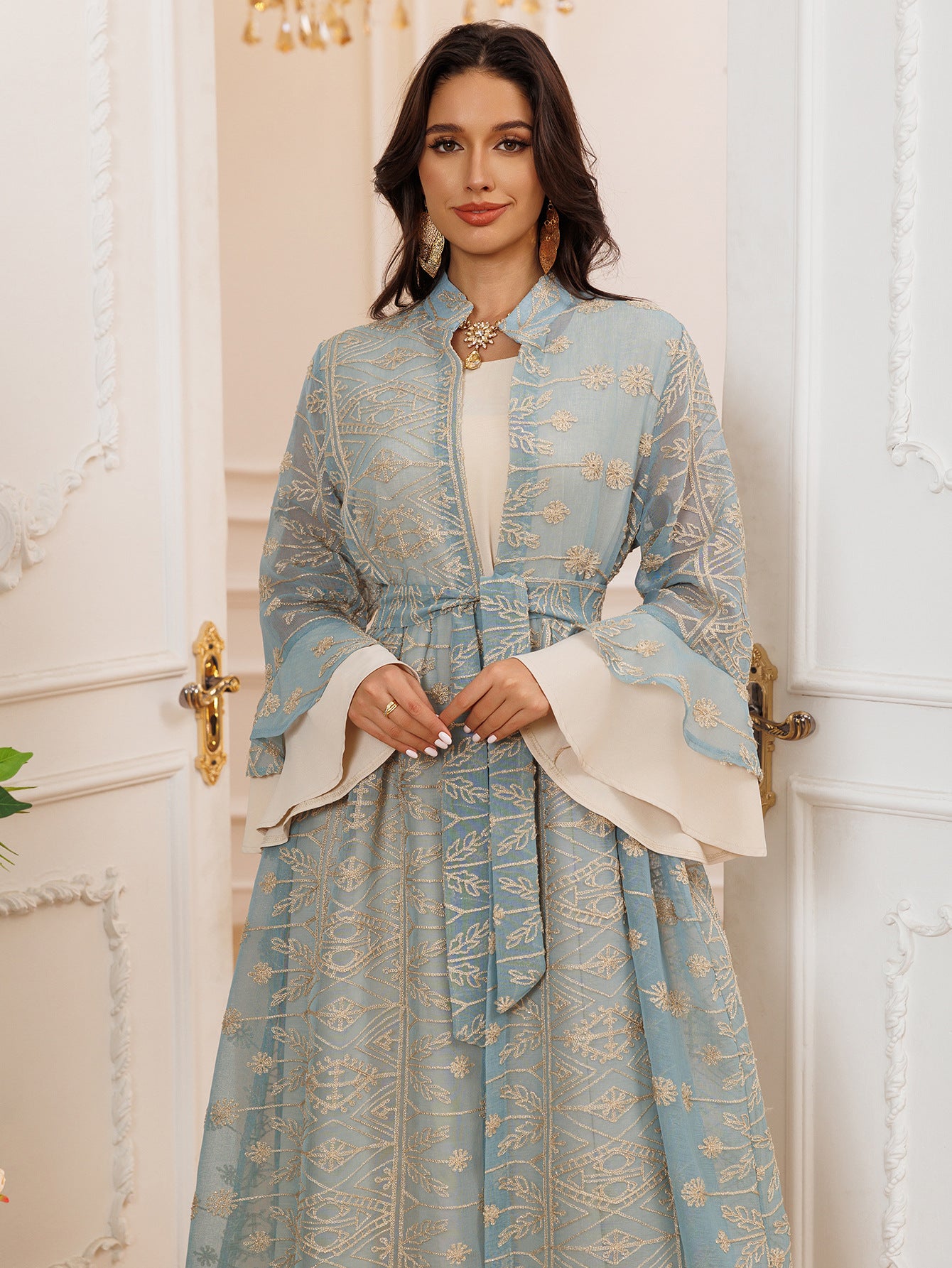 Elegant Long Skirt Embroidered Robe Two-piece Set
