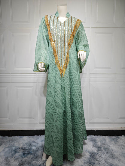 Women's Mesh Embroidered Sequin Jalabiya Dress