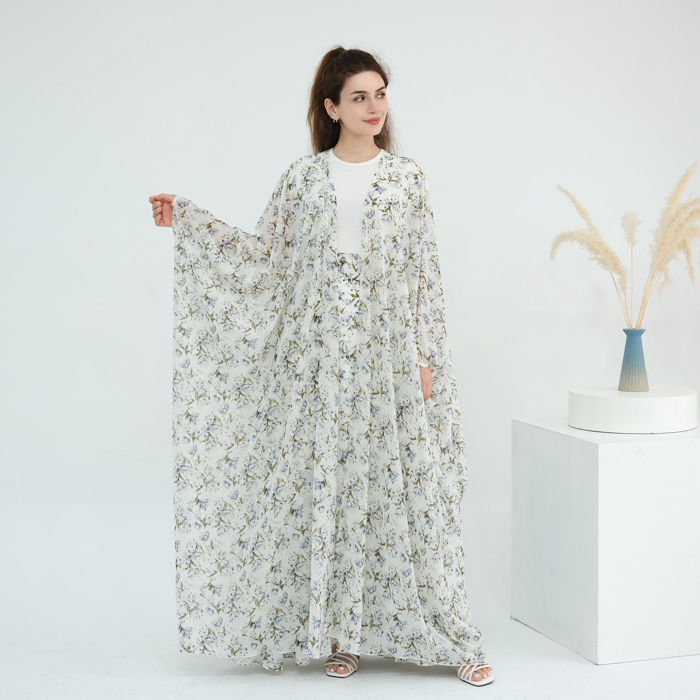 Floral Two Piece Set with Kimono Cardigan and Skirt