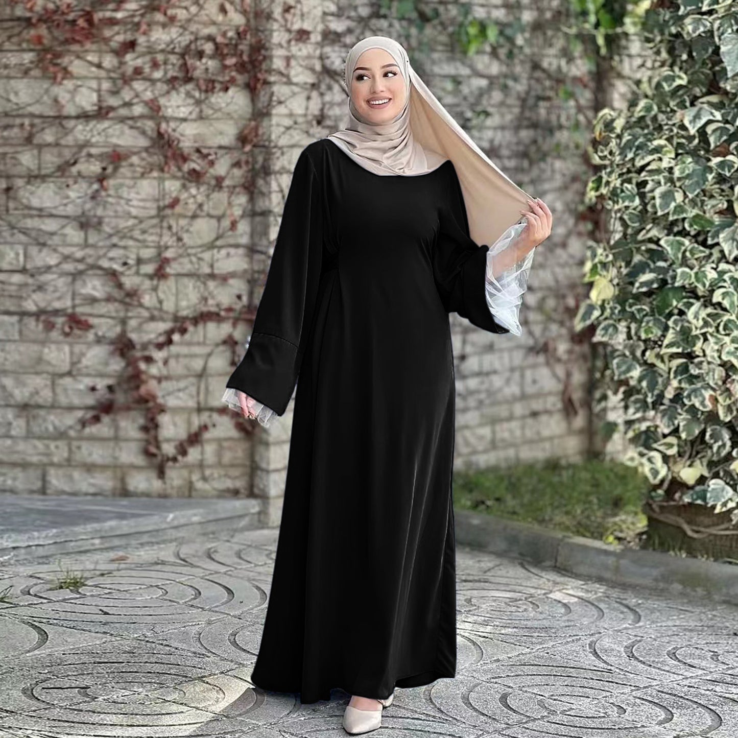 Lace Trim Maxi Dress with Waist Belt Modest Abaya Style