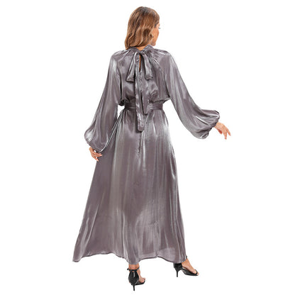 Satin Long Sleeve Maxi Dress with Bow Belt and Lantern Sleeves