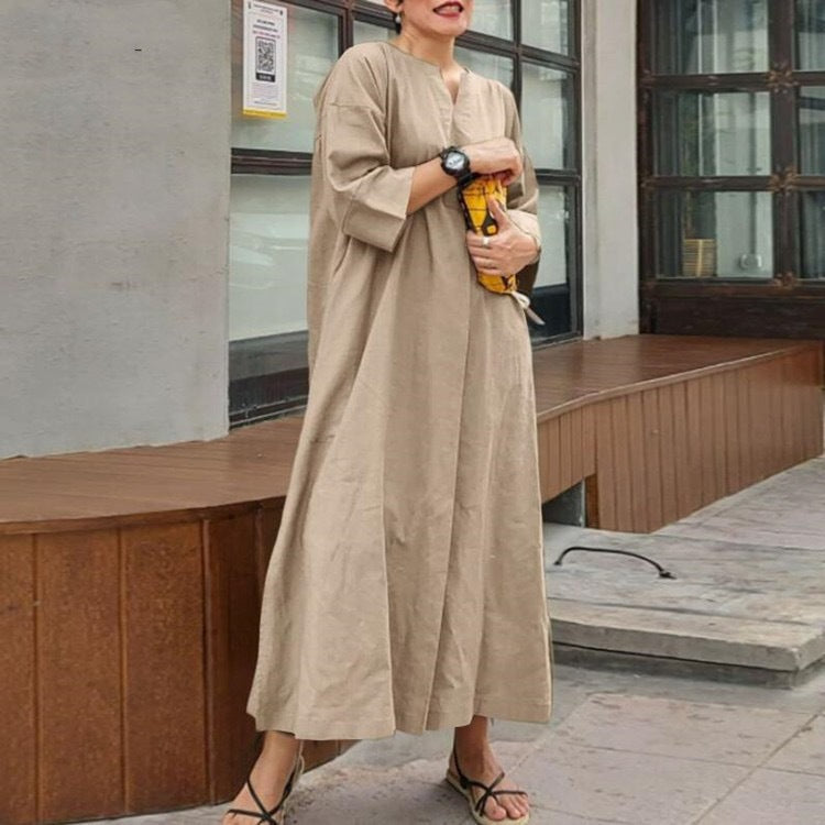 Solid Color Loose Casual Cotton and Linen Dress
