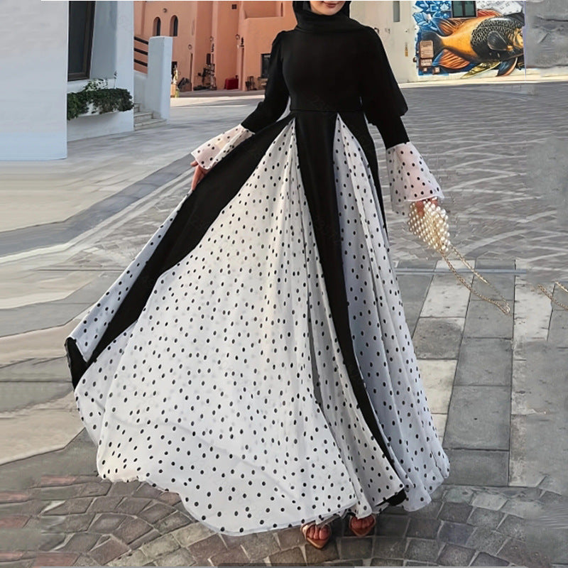 Women's Long Polka Dot Dress with Flared Sleeves Design