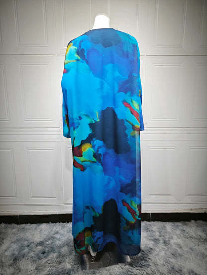Printed Chiffon Open Abaya Cardigan Two Piece Set with Hijab