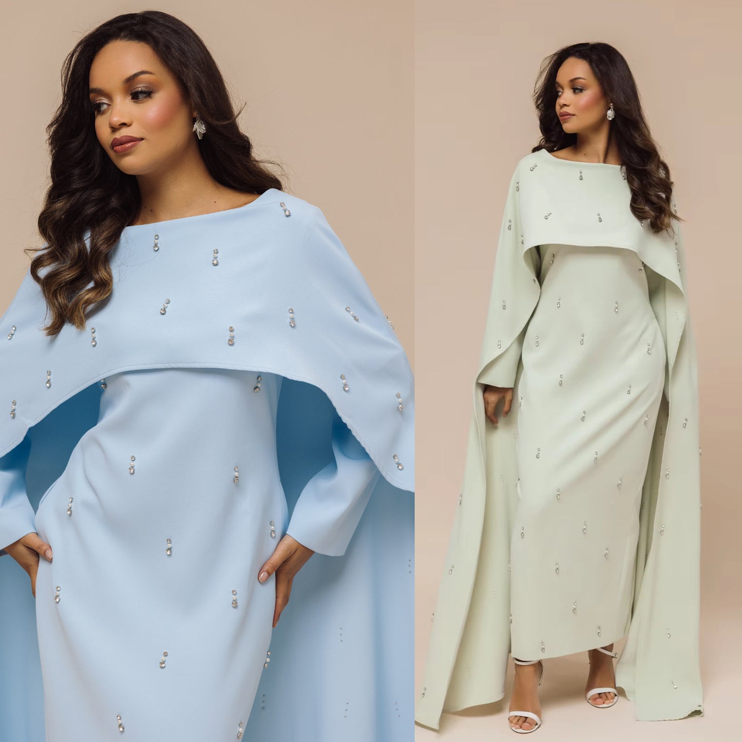 Elegant Beaded Maxi Dress with Attached Cape – Modest Evening Abaya Style