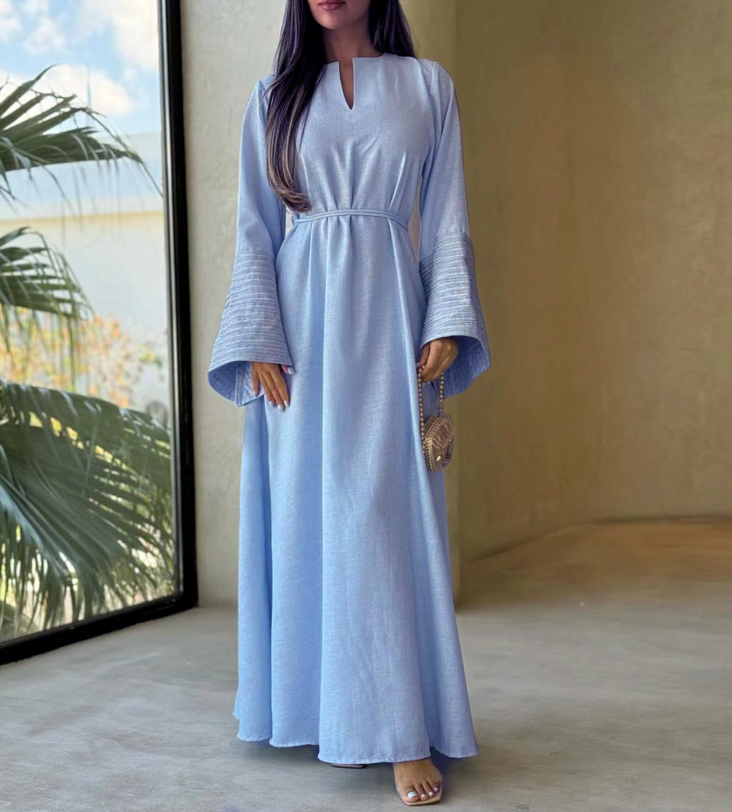 Modest V-neck Embroidery Elegant Abaya Dress