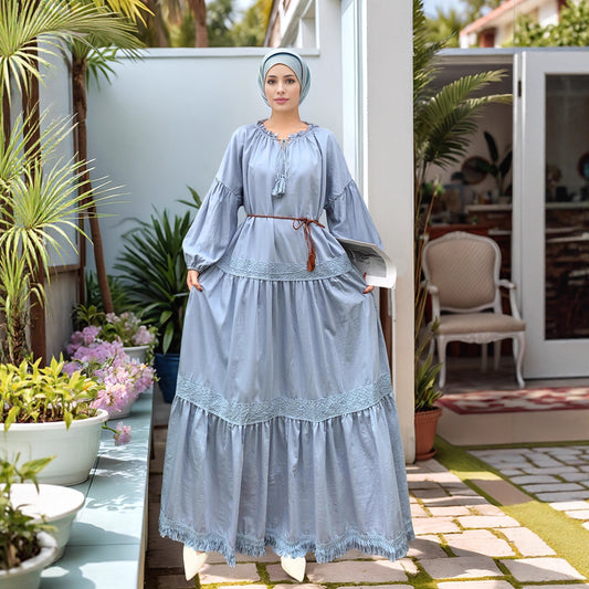 Lace Patchwork Maxi Dress with Tassel Belt and Ruffle Hem