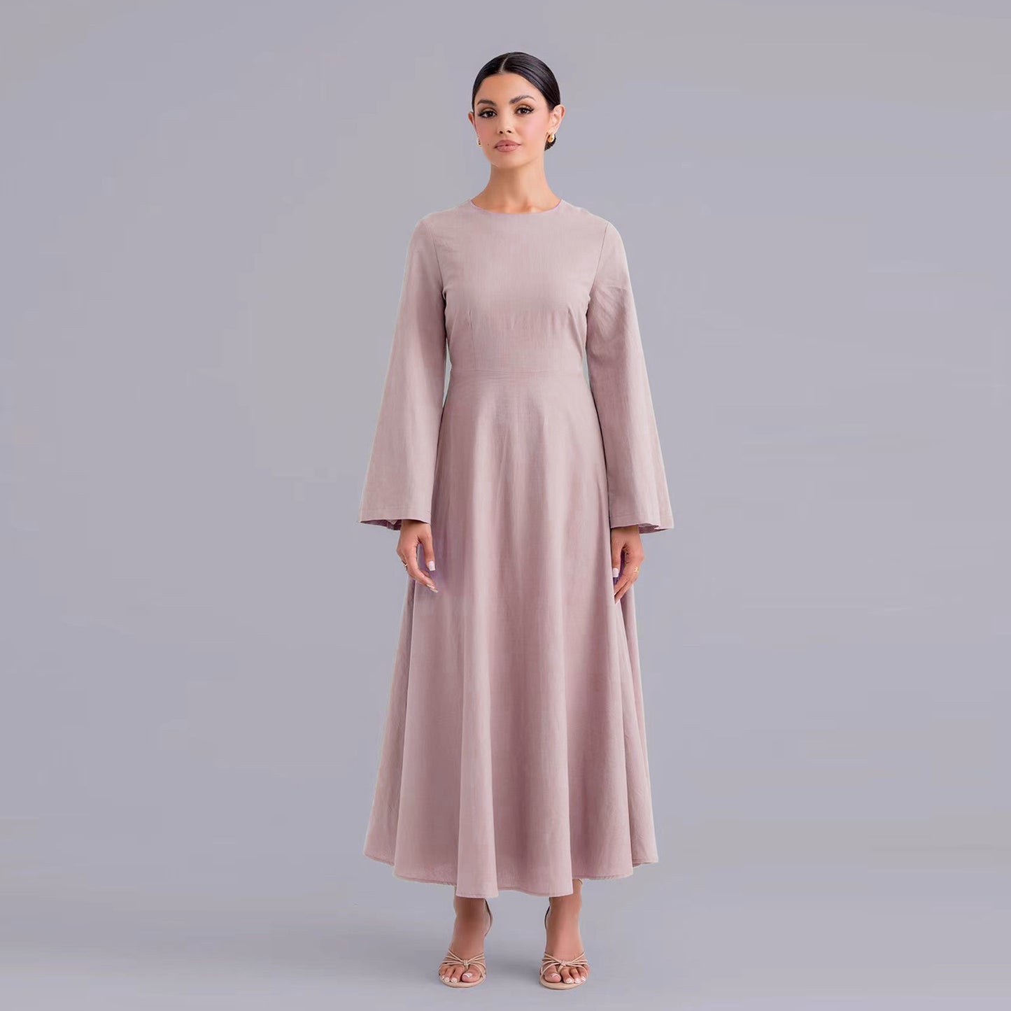 Belted Bamboo Linen Dubai Modest Solid Maxi Day Dress