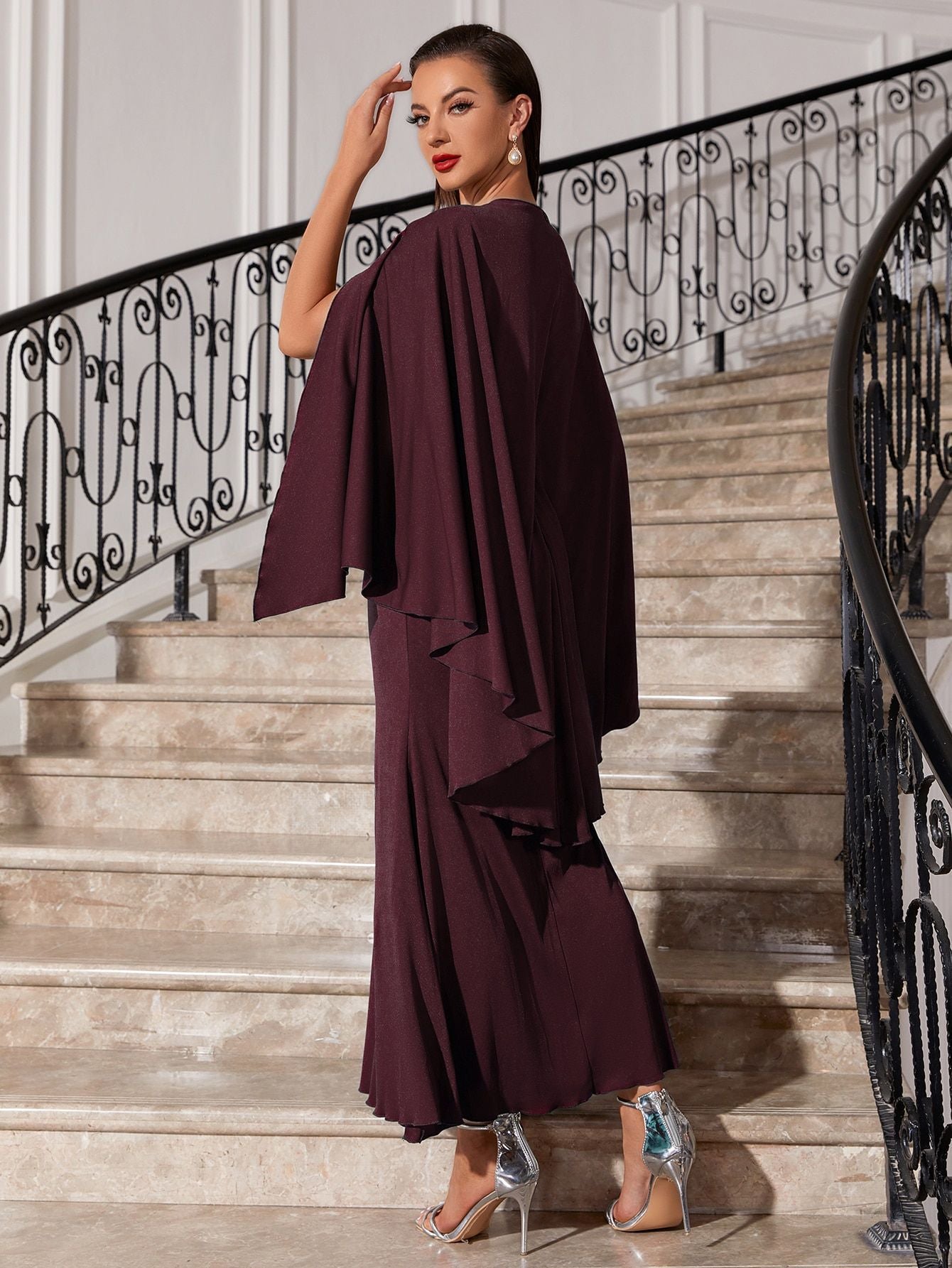 V-neck Bat Sleeve Party Embroidered Dress