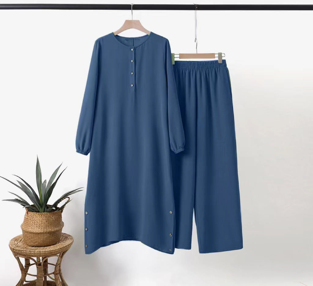 Women's Solid Color Long Sleeve Elastic Waist Set