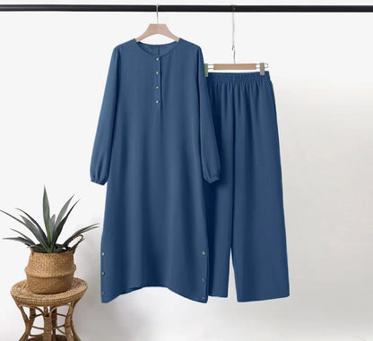 Women's Solid Color Long Sleeve Elastic Waist Set