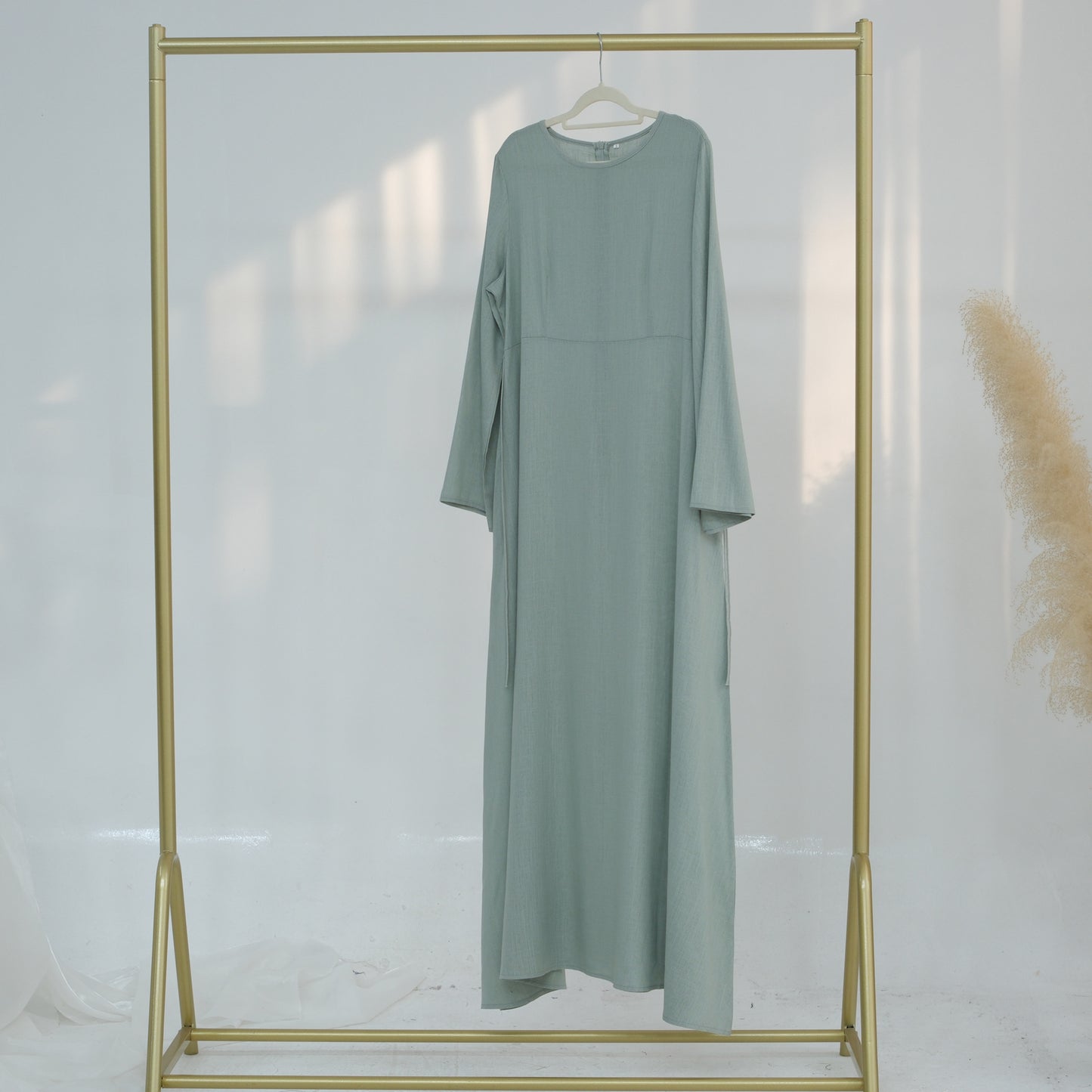 Belted Bamboo Linen Dubai Modest Solid Maxi Day Dress