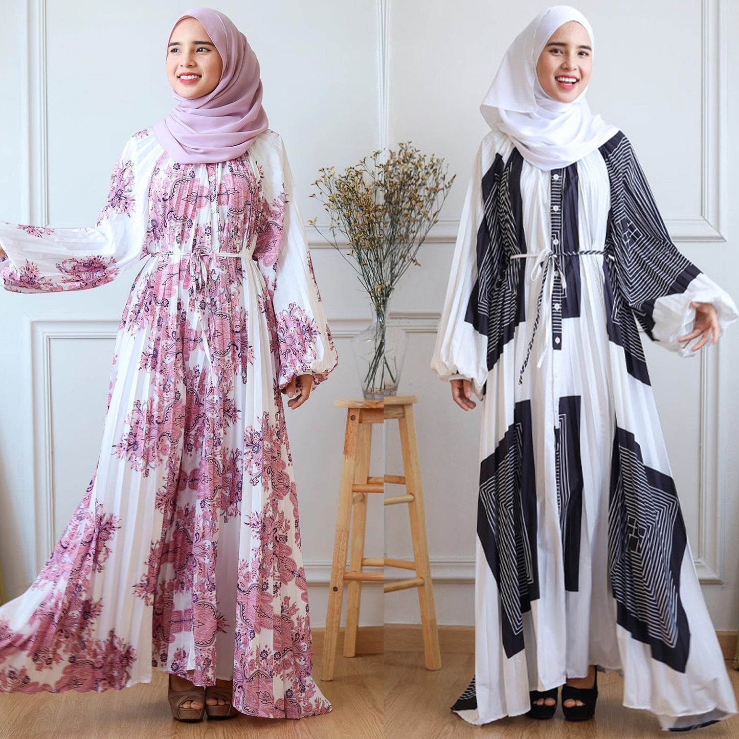 Printed Pleated Balloon Sleeve Casual Dress