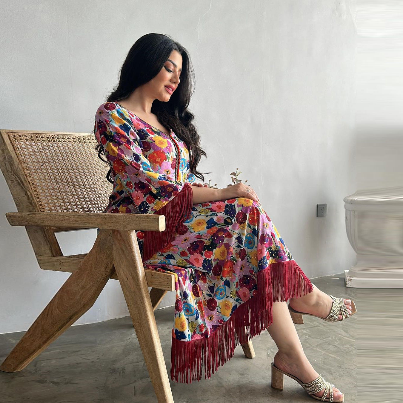 Women's Gilded Print Casual Jalabiya Dress