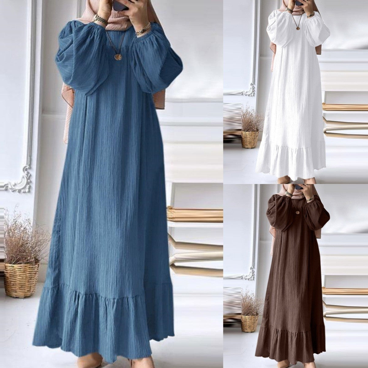 Women's Puff Sleeve Solid Ruffle Dress