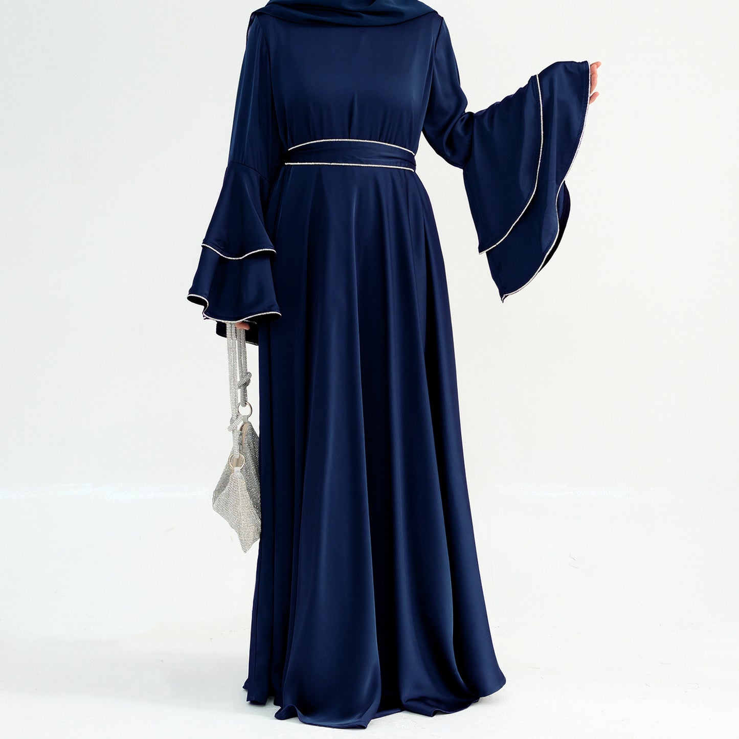 Beaded Nida Double-Layer Flare Sleeve Luxury Modest Maxi Dress