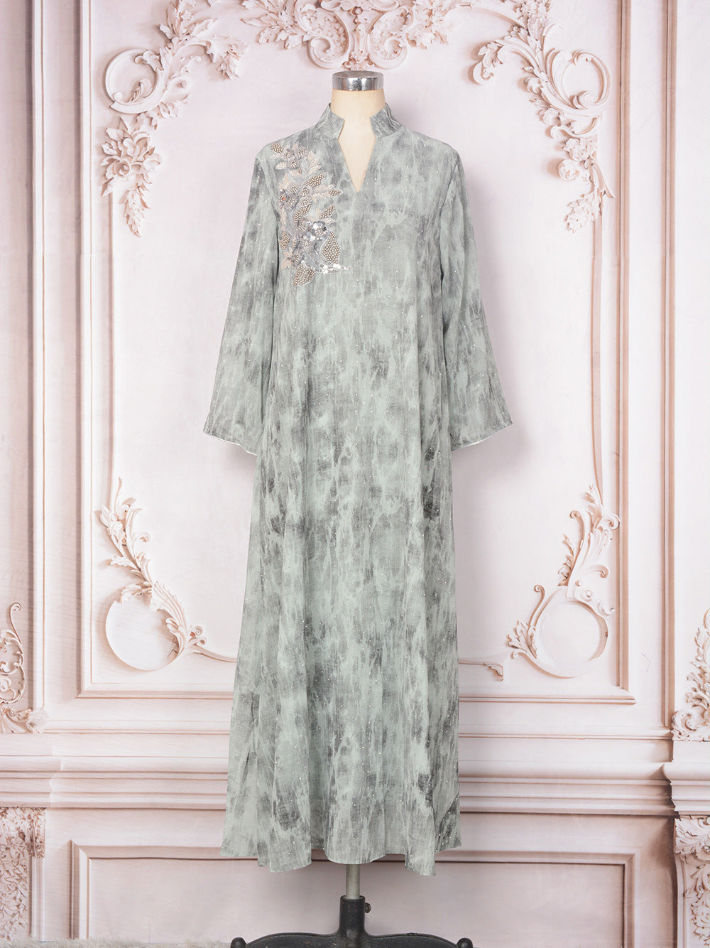 Women's Perstine Collar Flower Beaded Evening Dress