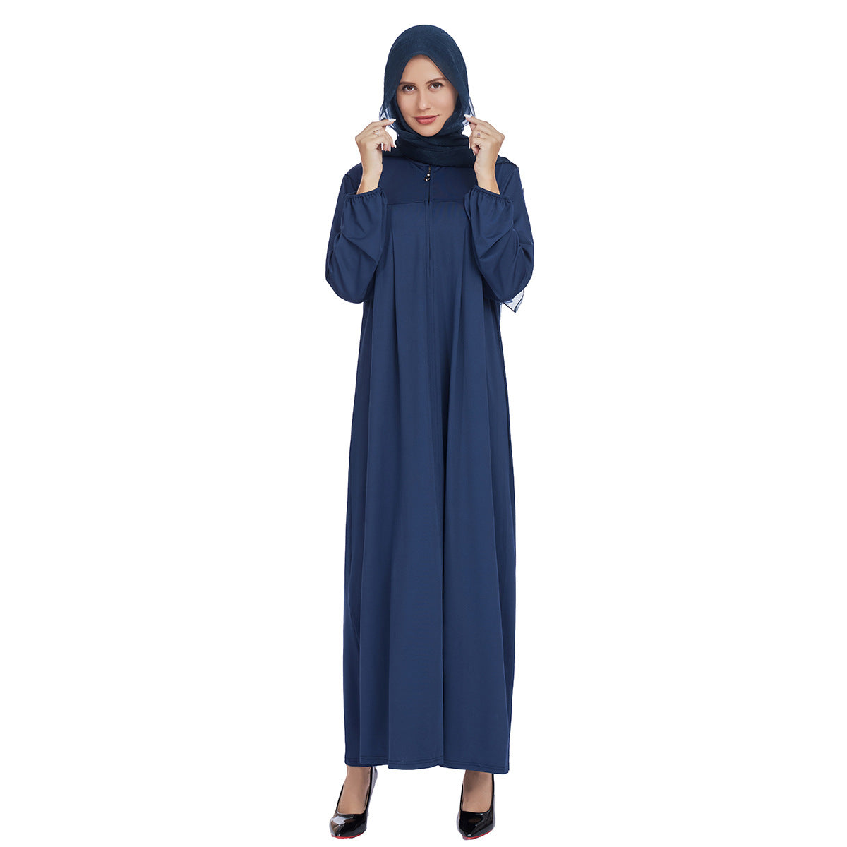 Stand Collar Maxi Dress with Pockets – Modest Long Sleeve Casual Abaya