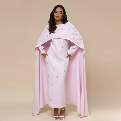 Elegant Beaded Maxi Dress with Attached Cape – Modest Evening Abaya Style