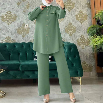 Plain Long-sleeved Shirt and Trousers Two-piece Sets