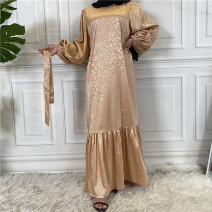 Modest Gold Jacquard Abaya Maxi Dress for Muslim Women