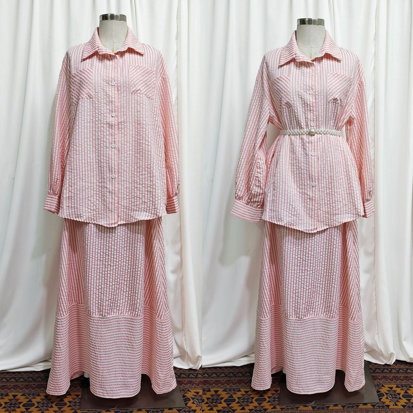 Striped Loose Fit Blouse and Maxi Skirt Modest Set