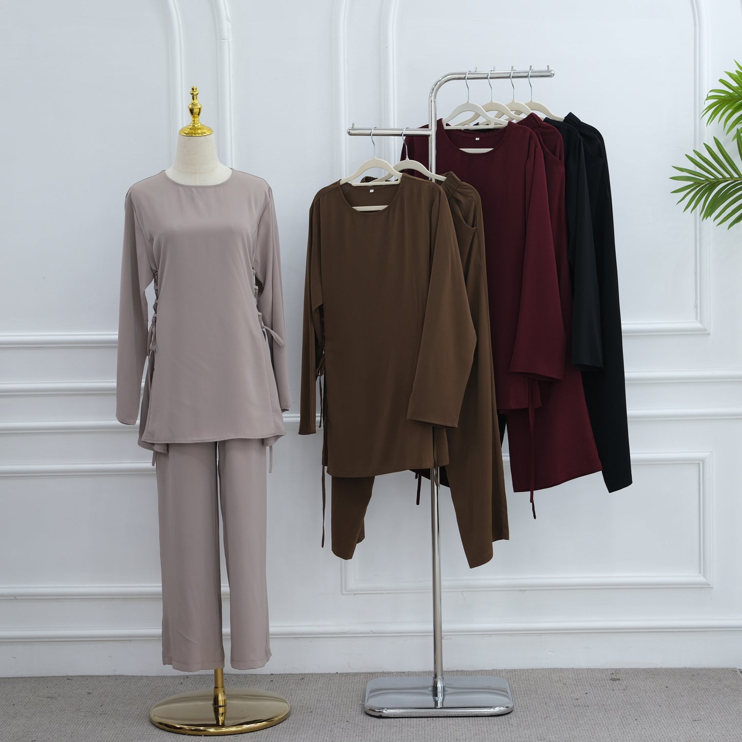 Elegant Modest Two-Piece Set with Long-Sleeve Top and Wide-Leg Pants | Nida Fabric Outfit