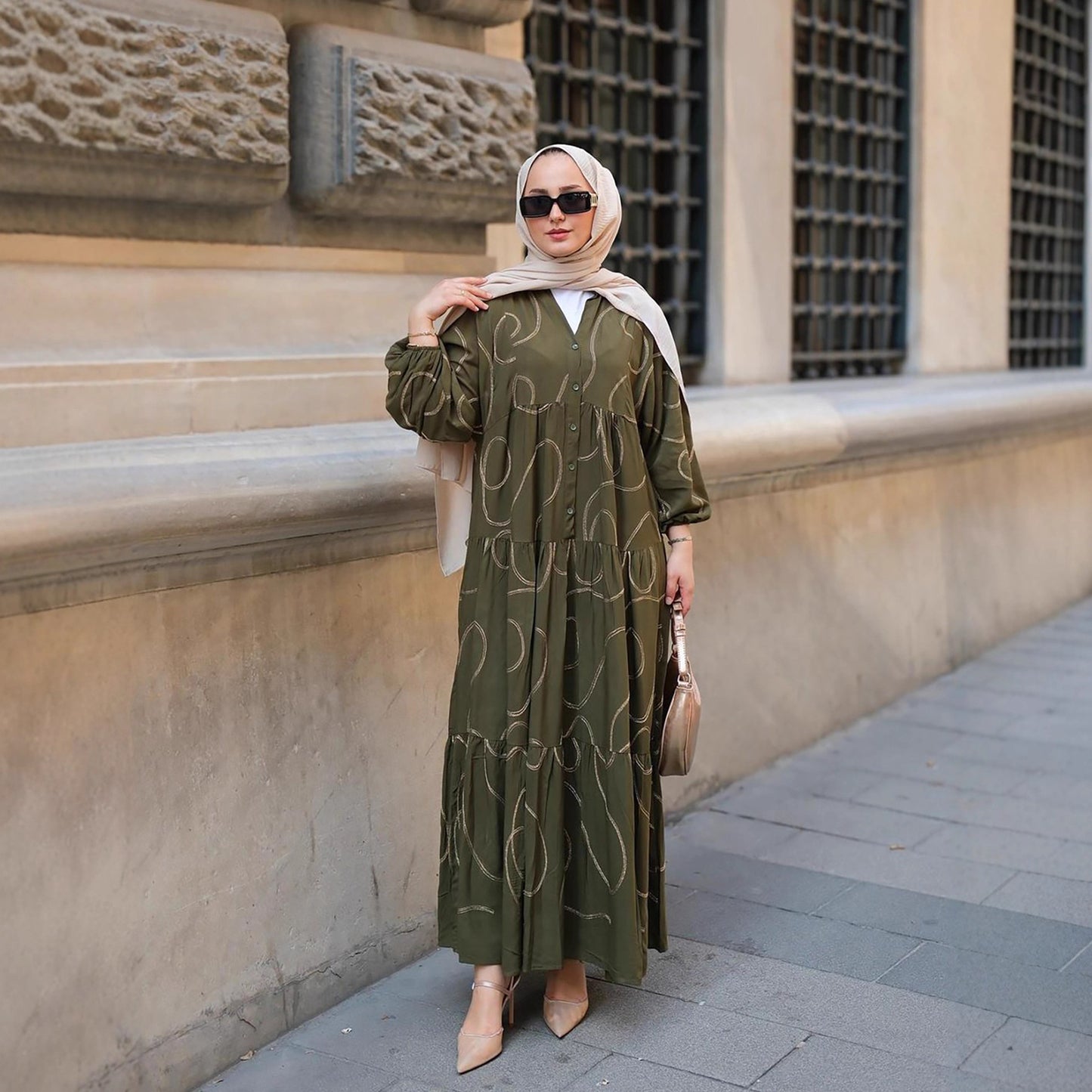 Printed Satin-Feel Loose Fit V-Neck Modest Maxi Dress