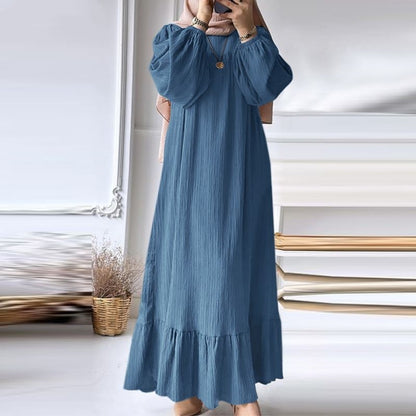 Women's Puff Sleeve Solid Ruffle Dress