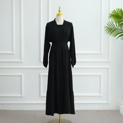 Modest Two Piece Maxi Dress with Open Abaya and Belt