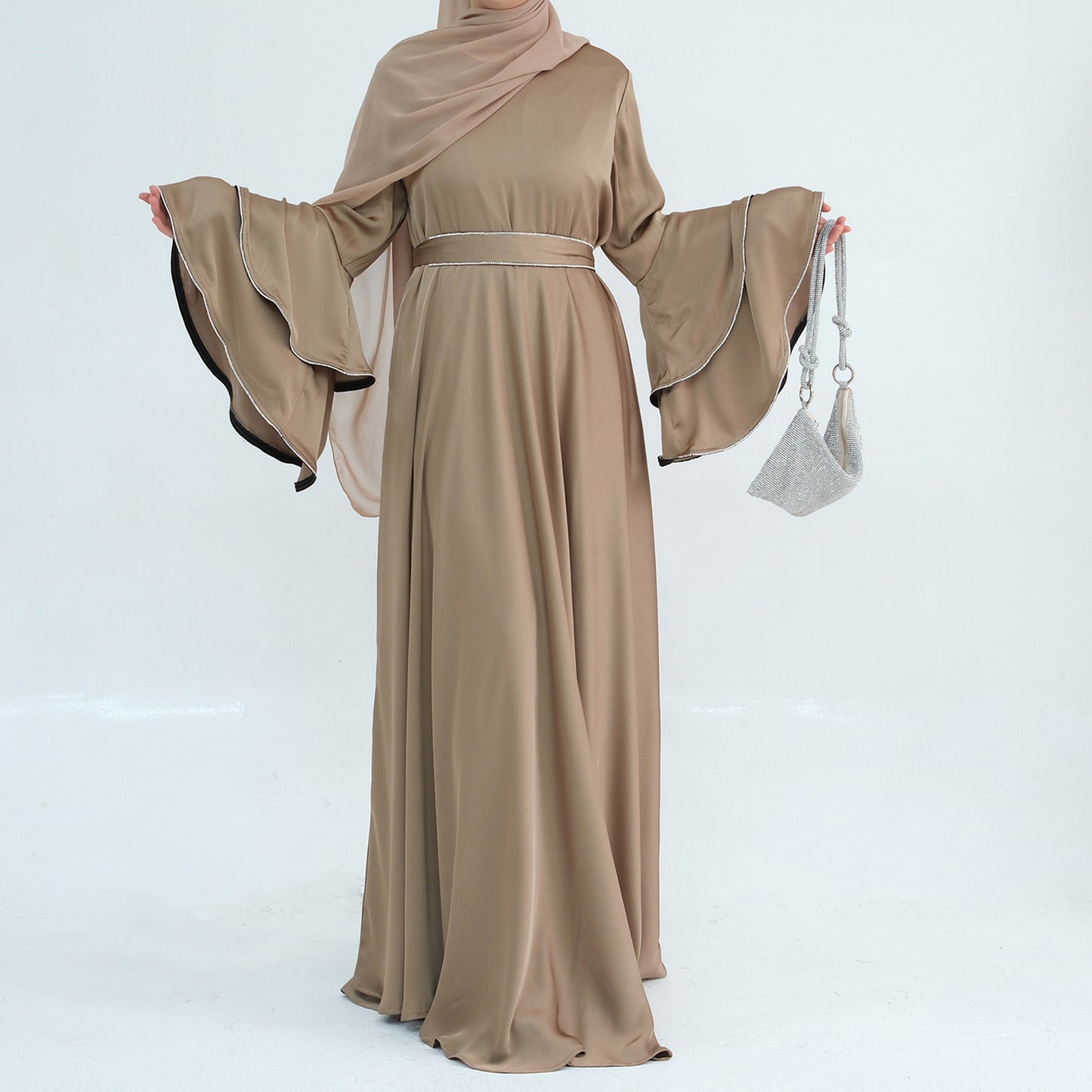 Beaded Nida Double-Layer Flare Sleeve Luxury Modest Maxi Dress