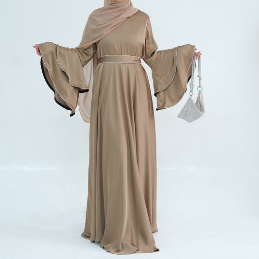 Beaded Nida Double-Layer Flare Sleeve Luxury Modest Maxi Dress