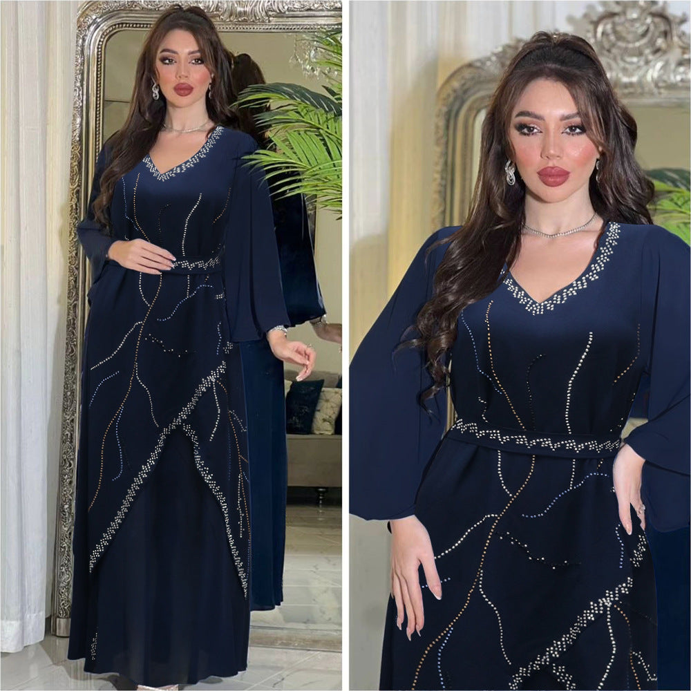 Women's Hot Diamond Chiffon Dress with Belt
