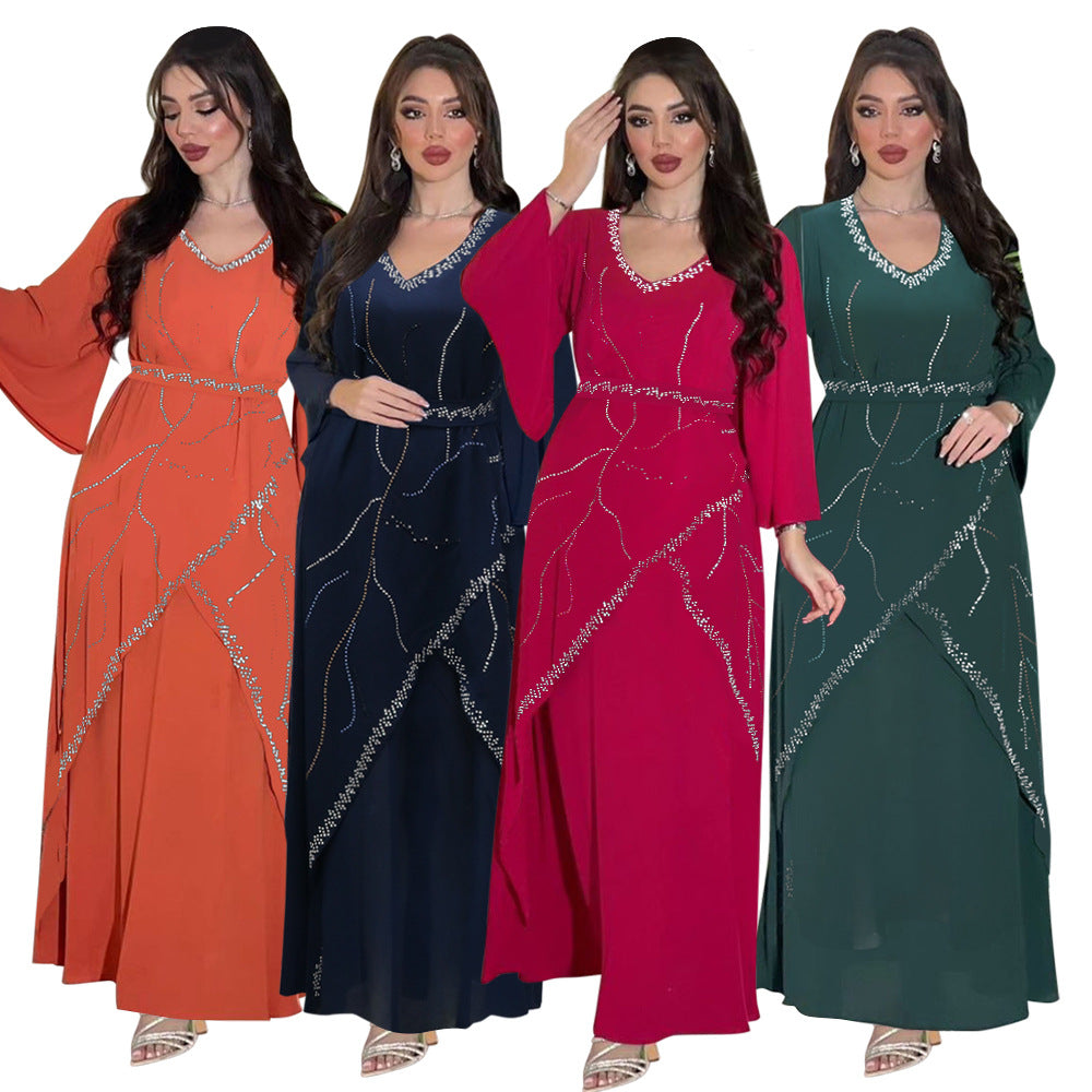Women's Hot Diamond Chiffon Dress with Belt
