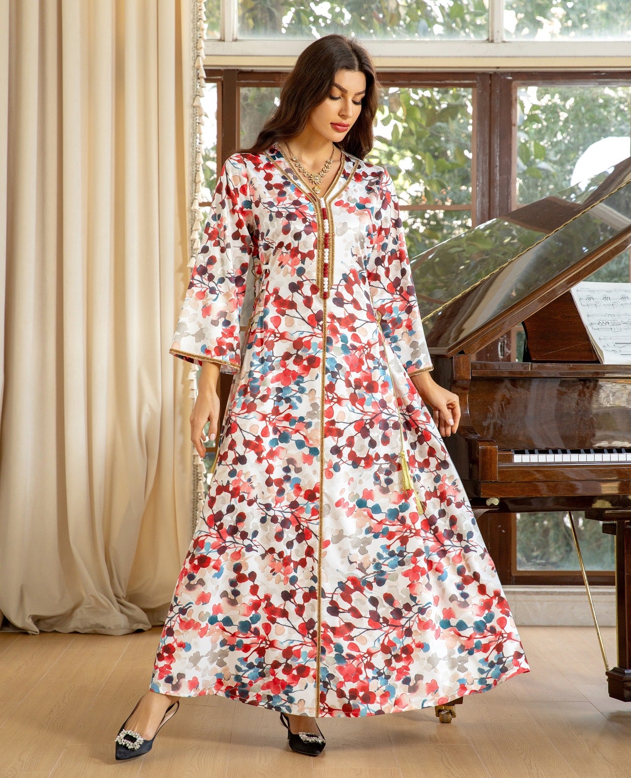 Printed Diamond Gold Waist Rope Jalabiya Dress