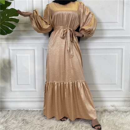 Modest Gold Jacquard Abaya Maxi Dress for Muslim Women