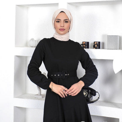 Elegant Ruffle Hem Knit Maxi Dress with Belt Modest Style