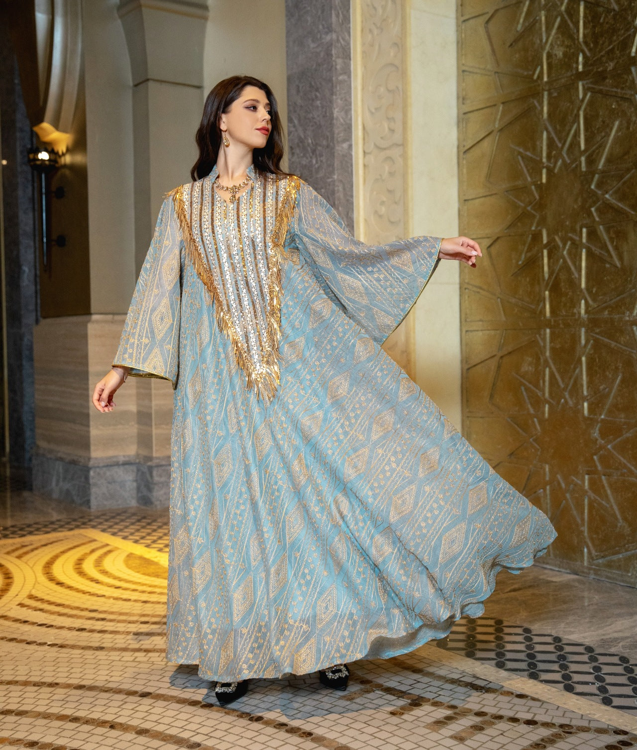 Women's Mesh Embroidered Sequin Jalabiya Dress
