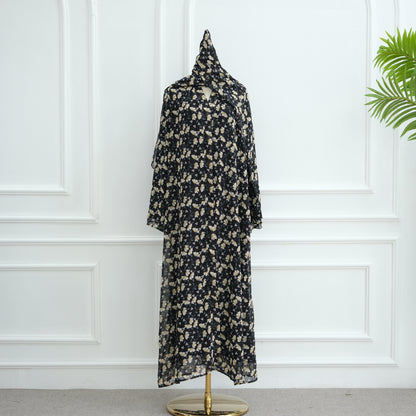 Printed Hijab Set with Double Layer Chiffon Open Cardigan