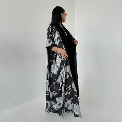 Elegant Black Golden Open Front Abaya Dress