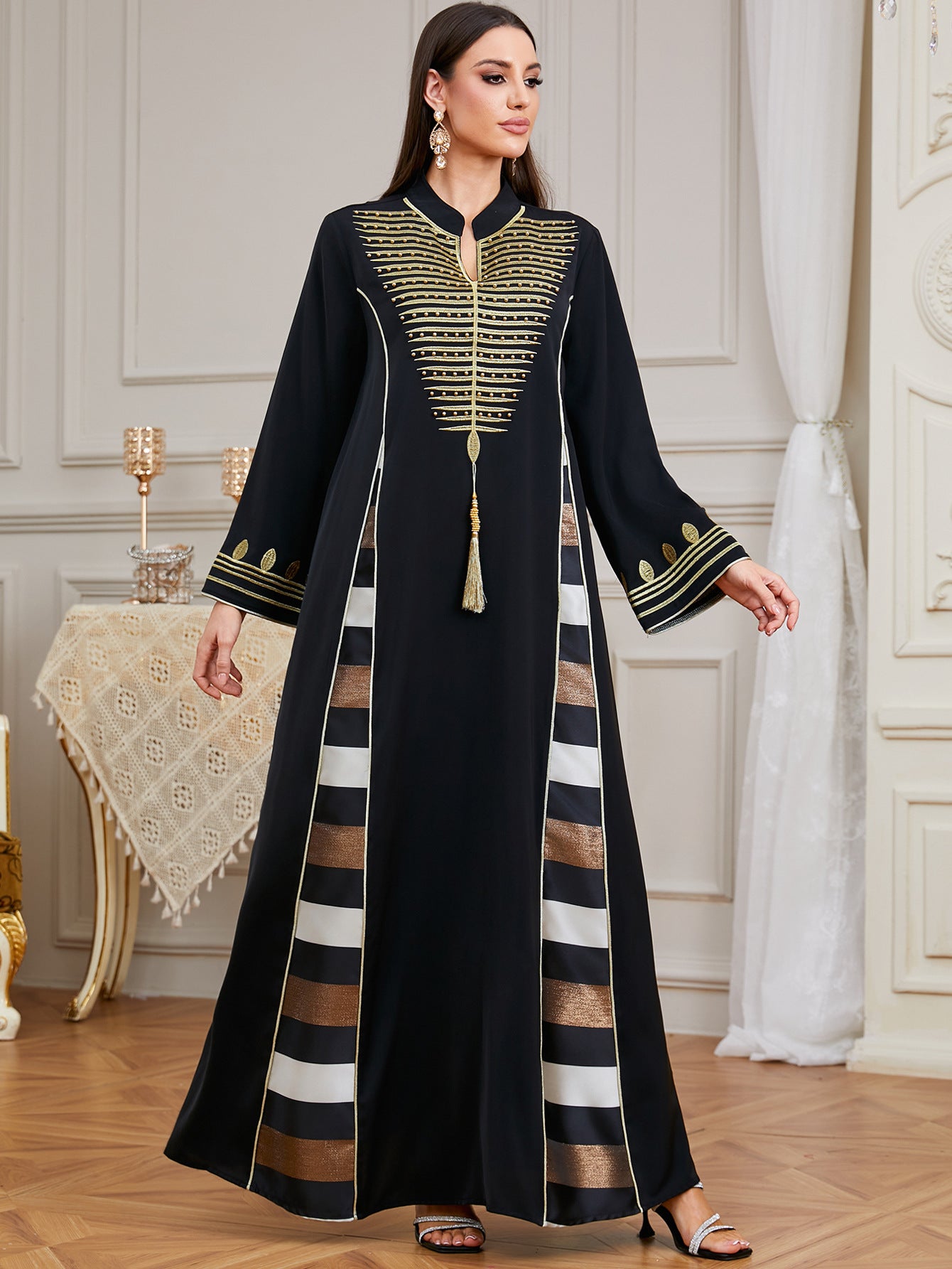 Beaded Embroidered Maxi Abaya Dress in Black