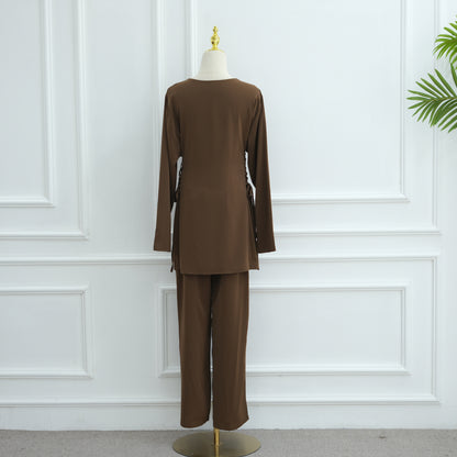 Elegant Modest Two-Piece Set with Long-Sleeve Top and Wide-Leg Pants | Nida Fabric Outfit