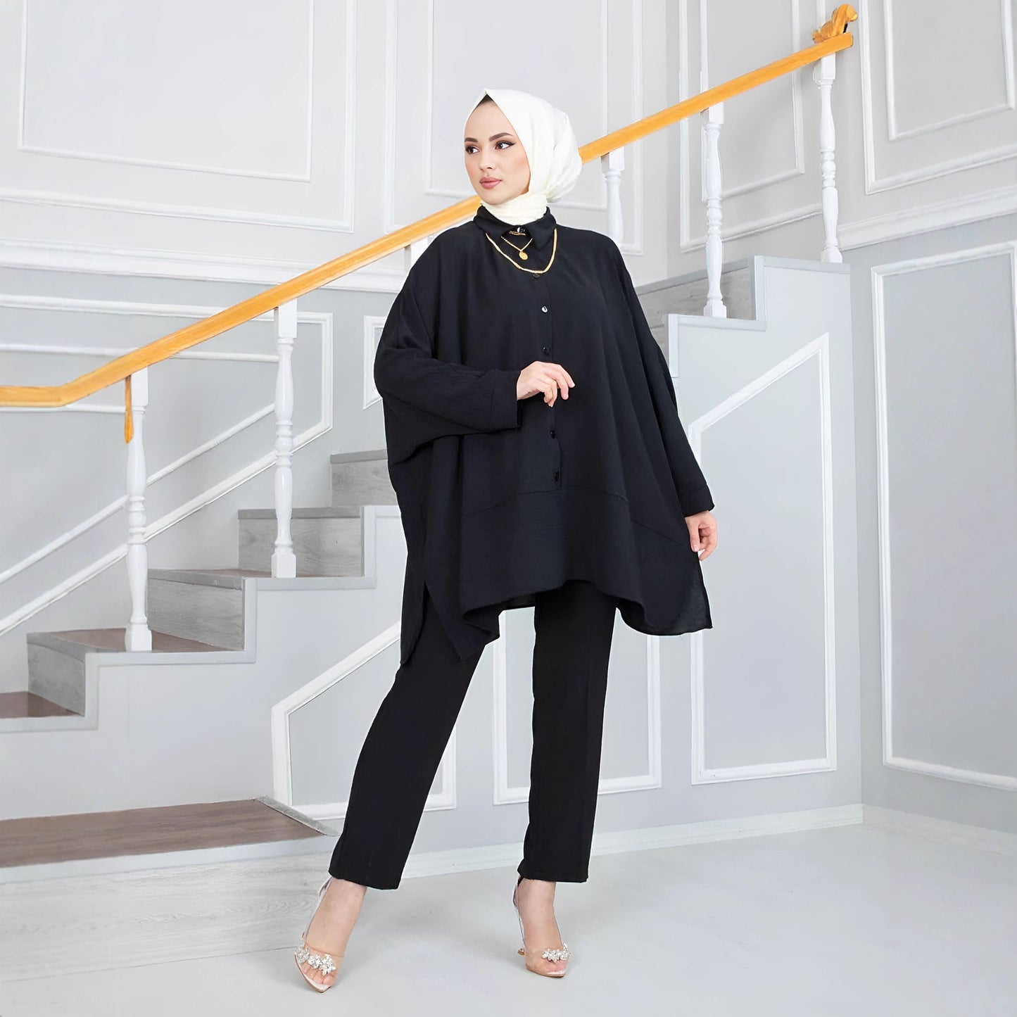 Loose Fit Batwing Sleeve Modest Two Piece Set with Shirt and Pants