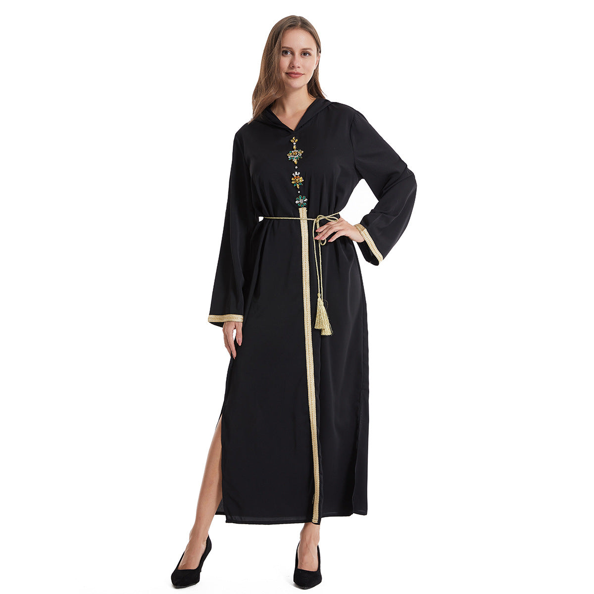 Women's Hooded Long-sleeved Hand-stitched Diamond Dress