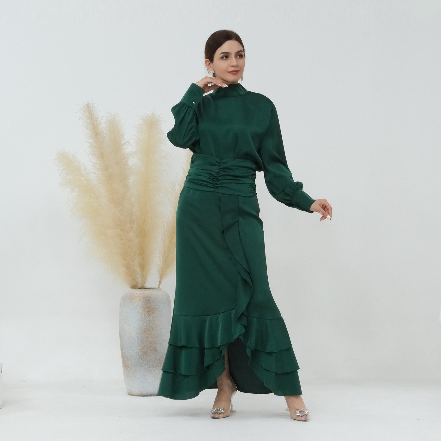 Plain High-neck Pleated Slim Ruffle Tops and Dress Matching Sets