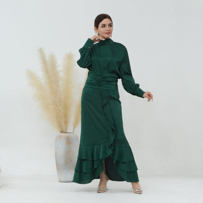 Plain High-neck Pleated Slim Ruffle Tops and Dress Matching Sets